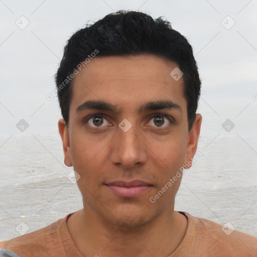 Neutral latino young-adult male with short  black hair and brown eyes