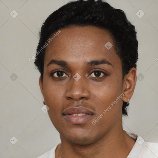 Neutral black young-adult female with short  black hair and brown eyes