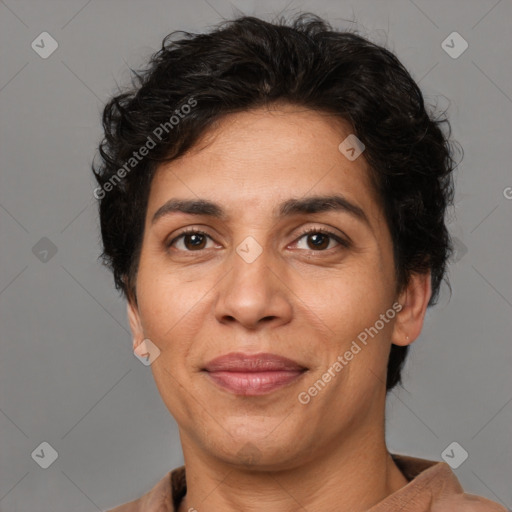 Joyful white adult female with short  brown hair and brown eyes