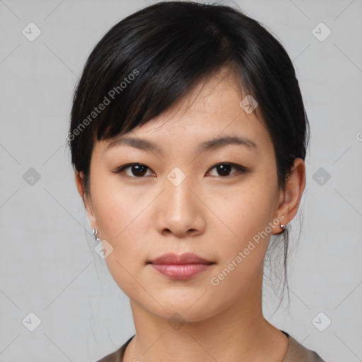 Neutral asian young-adult female with short  black hair and brown eyes