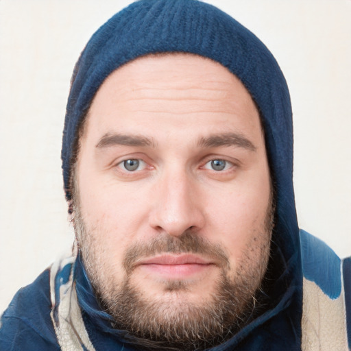 Neutral white young-adult male with short  brown hair and blue eyes