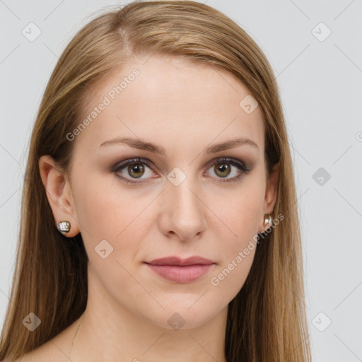 Joyful white young-adult female with long  brown hair and grey eyes