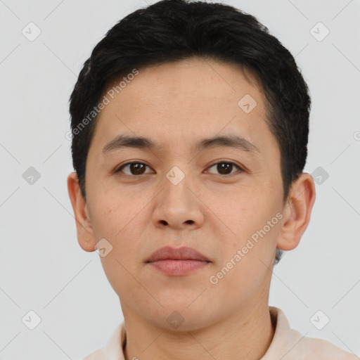 Neutral asian young-adult male with short  brown hair and brown eyes