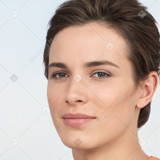 Neutral white young-adult female with short  brown hair and brown eyes