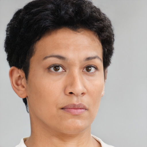 Neutral asian young-adult female with short  brown hair and brown eyes