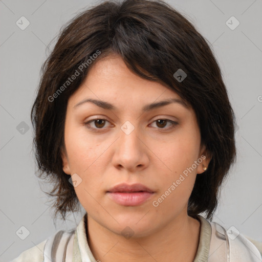 Neutral white young-adult female with medium  brown hair and brown eyes