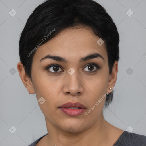 Neutral latino young-adult female with short  black hair and brown eyes