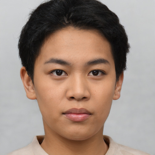 Neutral asian young-adult male with short  black hair and brown eyes