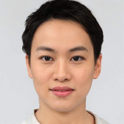 Joyful asian young-adult female with short  brown hair and brown eyes