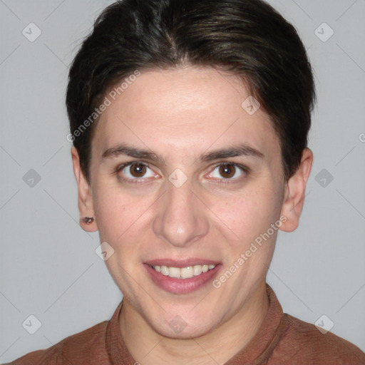 Joyful white young-adult female with short  brown hair and grey eyes