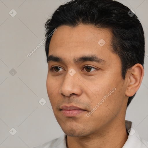 Neutral asian young-adult male with short  black hair and brown eyes