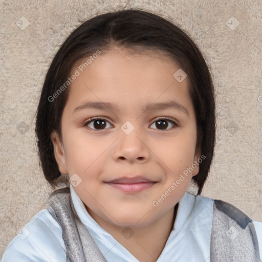 Joyful white child female with medium  brown hair and brown eyes