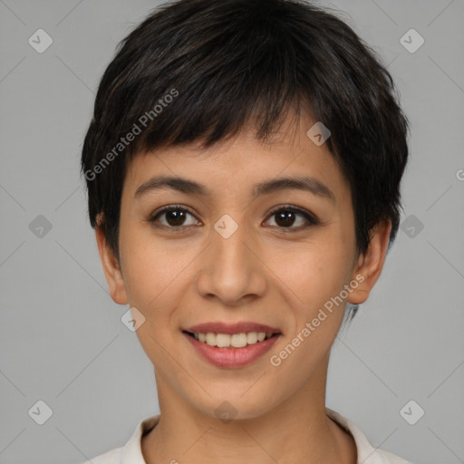 Joyful asian young-adult female with short  brown hair and brown eyes