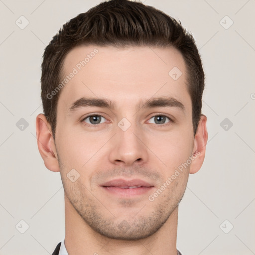 Neutral white young-adult male with short  brown hair and brown eyes