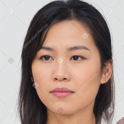 Neutral asian young-adult female with long  brown hair and brown eyes