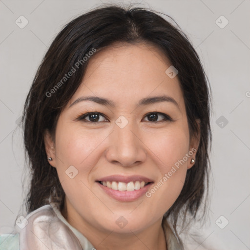 Joyful white young-adult female with medium  brown hair and brown eyes