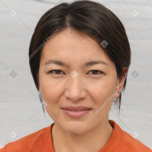 Joyful white adult female with medium  brown hair and brown eyes