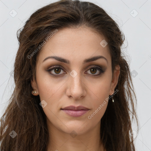 Neutral white young-adult female with long  brown hair and brown eyes