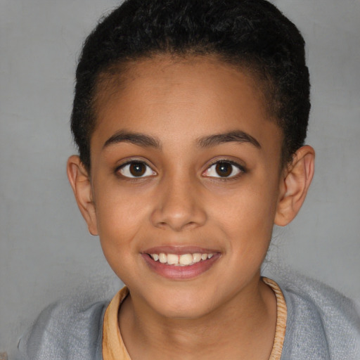 Joyful white child female with short  brown hair and brown eyes