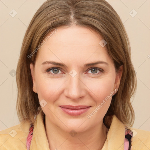 Joyful white young-adult female with medium  brown hair and grey eyes