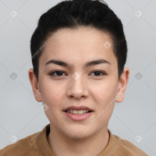 Joyful asian young-adult female with short  brown hair and brown eyes