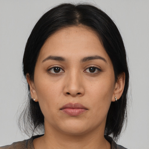 Neutral asian young-adult female with medium  black hair and brown eyes