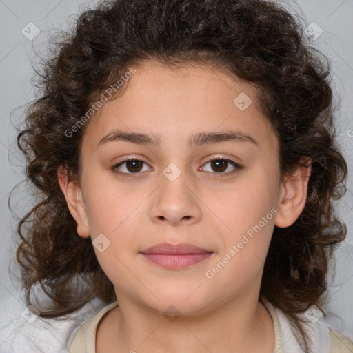 Joyful white child female with medium  brown hair and brown eyes