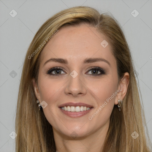 Joyful white young-adult female with long  brown hair and brown eyes