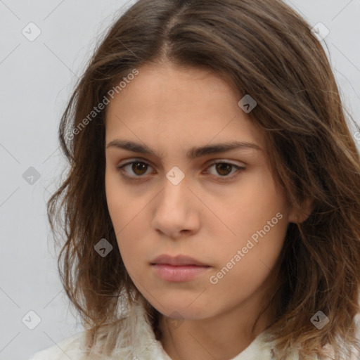 Neutral white young-adult female with medium  brown hair and brown eyes