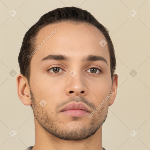 Neutral white young-adult male with short  brown hair and brown eyes