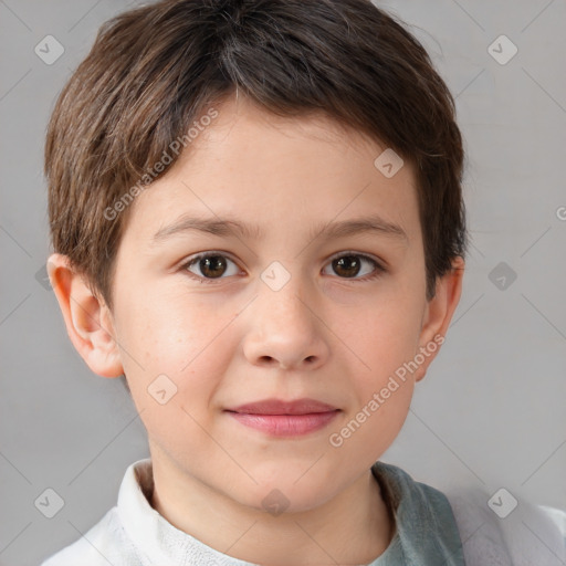 Joyful white child female with short  brown hair and brown eyes