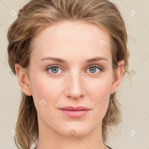 Joyful white young-adult female with medium  brown hair and blue eyes