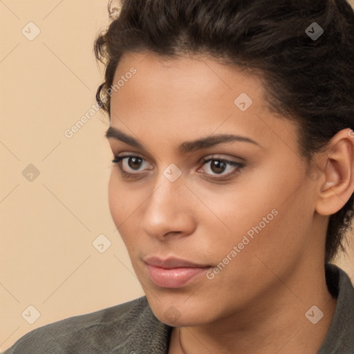 Neutral white young-adult female with short  brown hair and brown eyes