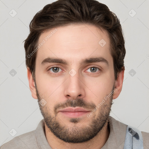 Neutral white young-adult male with short  brown hair and brown eyes