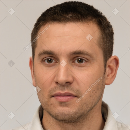 Neutral white young-adult male with short  brown hair and brown eyes