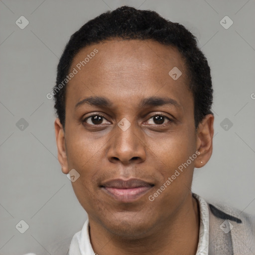 Joyful latino adult male with short  black hair and brown eyes