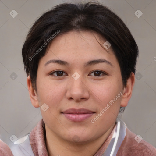 Joyful asian young-adult female with short  brown hair and brown eyes