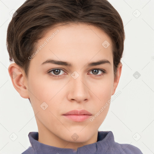 Neutral white young-adult female with short  brown hair and brown eyes