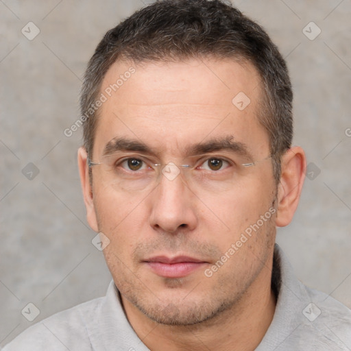 Neutral white adult male with short  brown hair and brown eyes