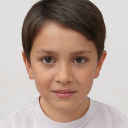 Joyful white child female with short  brown hair and brown eyes