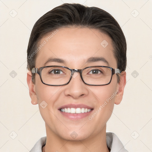 Joyful white young-adult female with short  brown hair and brown eyes