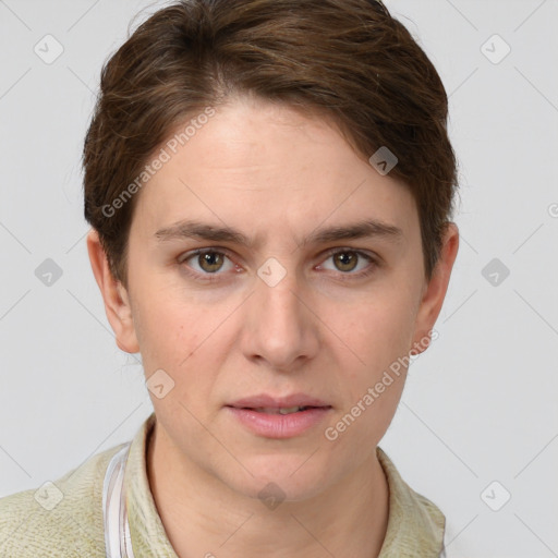 Joyful white young-adult female with short  brown hair and grey eyes