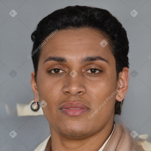 Neutral latino young-adult female with short  brown hair and brown eyes