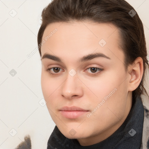 Neutral white young-adult female with short  brown hair and brown eyes