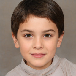 Joyful white child female with short  brown hair and brown eyes