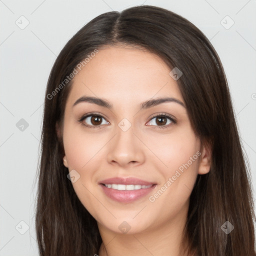 Joyful white young-adult female with long  brown hair and brown eyes