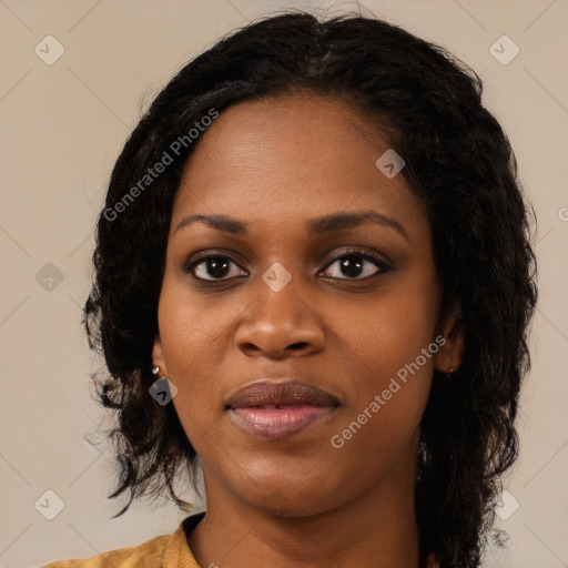 Joyful black young-adult female with medium  black hair and brown eyes