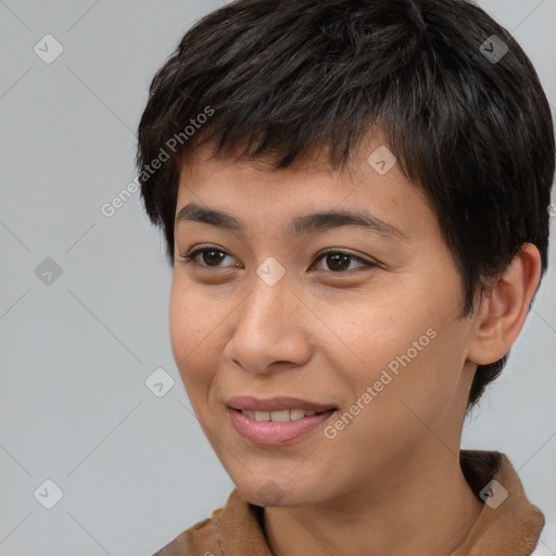 Joyful white young-adult female with short  brown hair and brown eyes