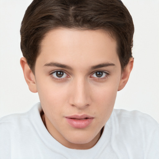 Neutral white young-adult female with short  brown hair and brown eyes