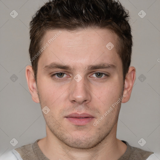 Neutral white young-adult male with short  brown hair and grey eyes